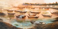 A. Q. Arif, Battle Supporting Fleet, 36 x 72 Inch, Oil on Canvas, Seascape Painting, AC-AQ-302
